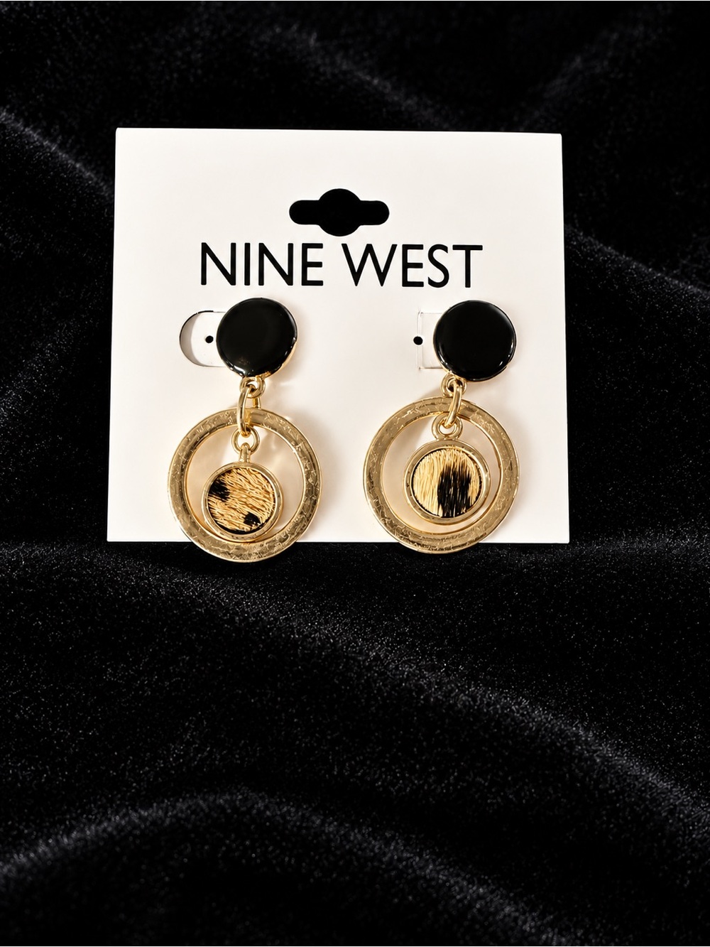 Nine West Black and Gold Double Ring Drop Earrings